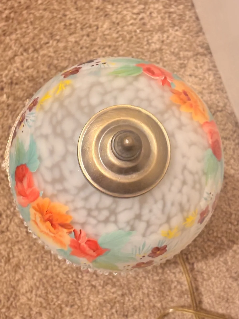 Vintage Hand Painted Floral Beaded Lamp - Bronze Base
